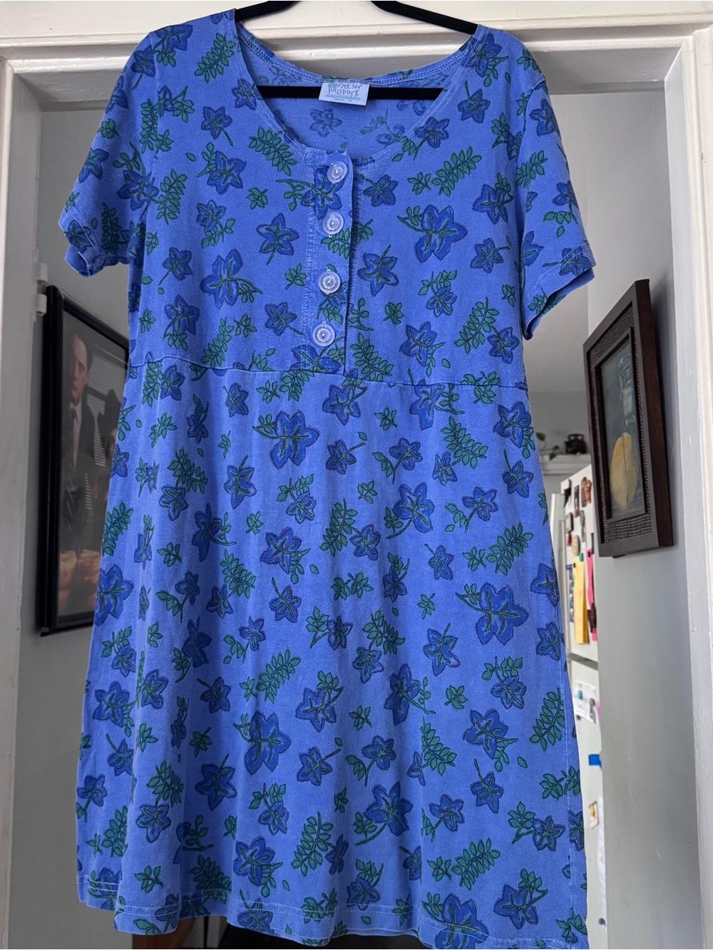 Fresh Produce Vintage Floral T-Shirt Dress Blue purple Short Sleeve Pockets sz m